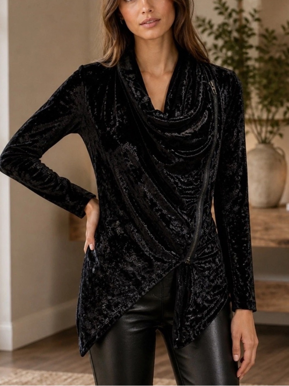 Blank NYC Black Crushed Velvet Asymmetric Zip Draped Collar Jacket